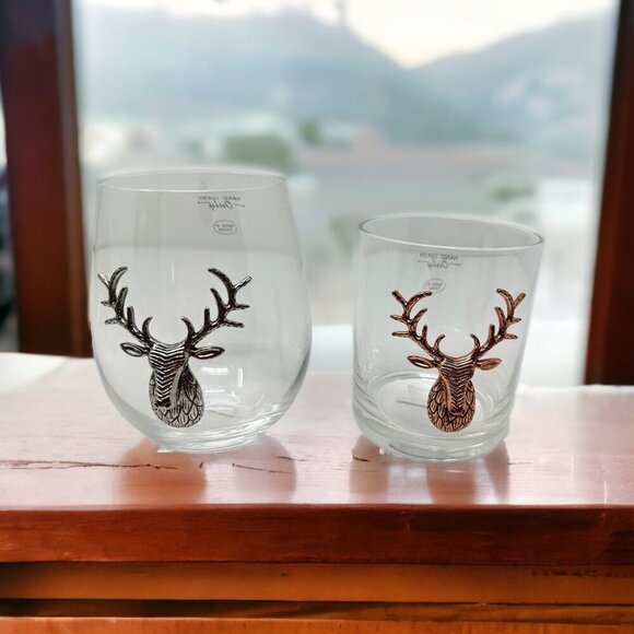Deer Stemless Wine Glass Stag Bronze Silver Stag Icon Barware Gift Holiday - Picture 1 of 7